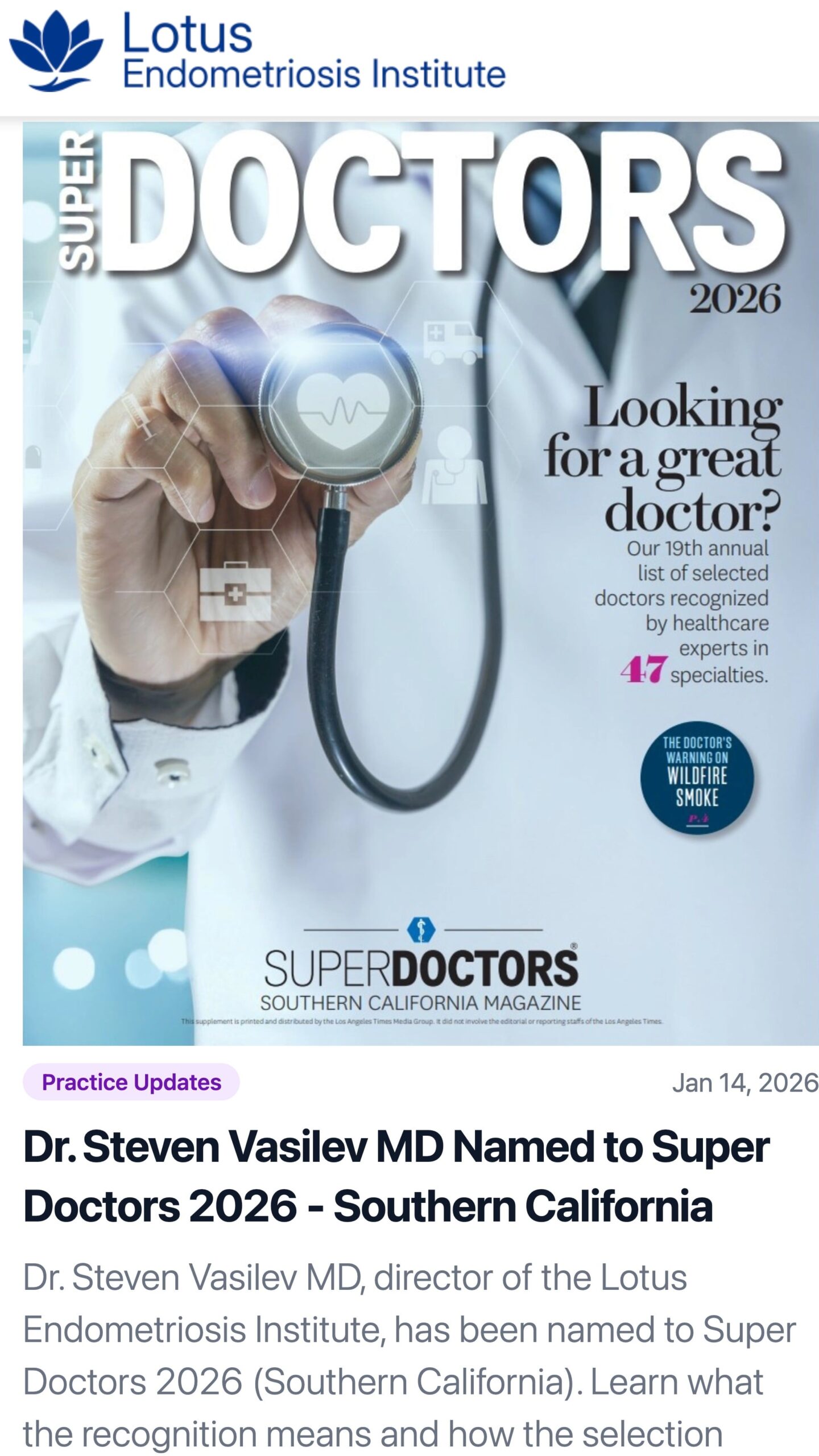 Dr. Steven Vasilev Named to Super Doctors 2026 for Southern California